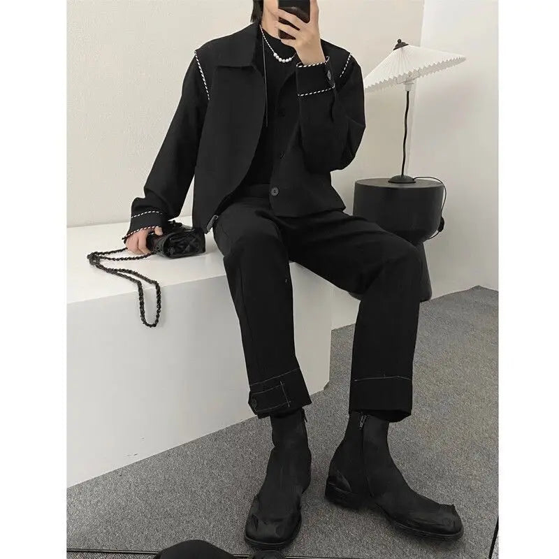 Threebooy Fashion Black Stitching Jacket Men's Buttons Spring Autumn New Loose Turndown Collar Single-breasted Long Sleeves Tops Jackets