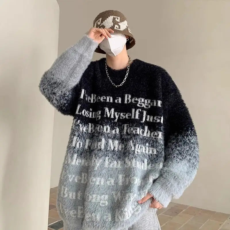 Threebooy Mink Casual Fleece Tie Dyed Gradient Couple Sweater Men's Lazy Oversize Mohair Knitwear Winter Student  Hip Hop Male and Female y2k