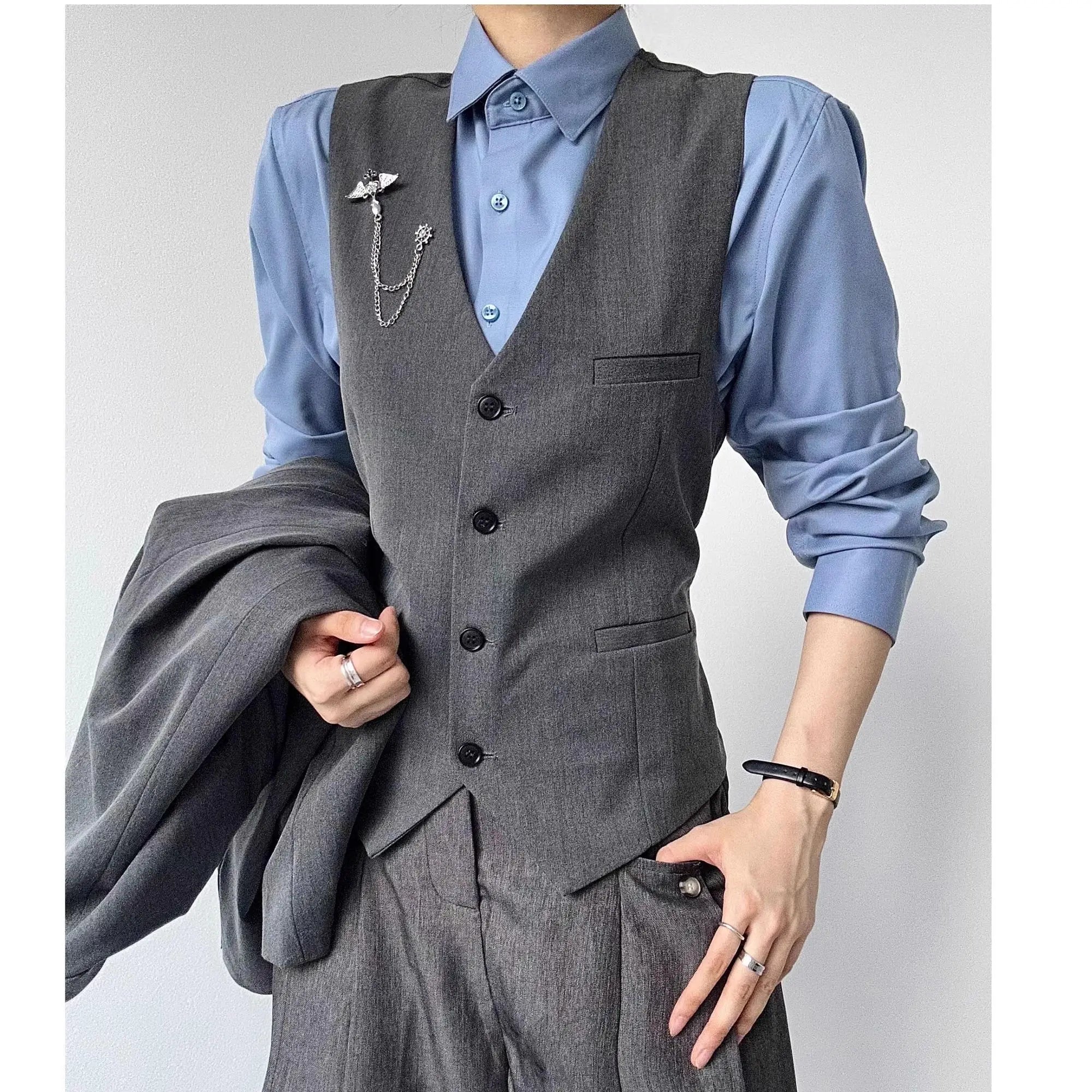 Threebooy High-end Black Gray Suit Vest Fashion Men Women Same Neutral Style Slim Business Casual Blazer Vest Urban Streetwear