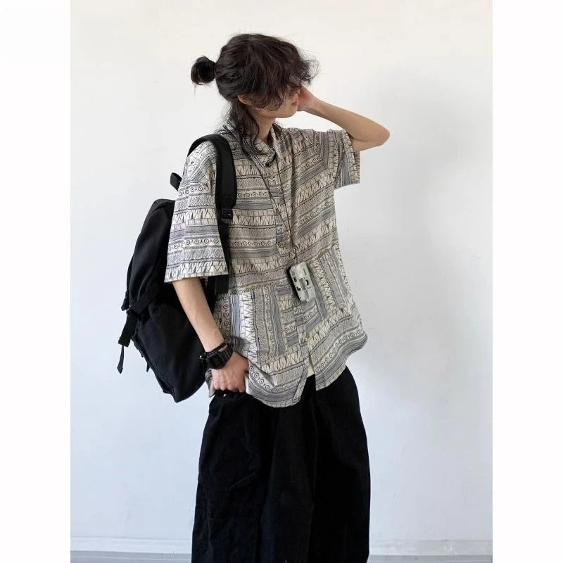 Threebooy Japanese Retro Blouse Loose Ethnic Short-sleeved Shirt Men Women Korean Summer Fashion High-end College Style Versatile Shirt
