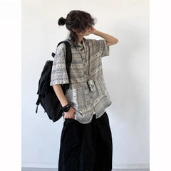 Threebooy Japanese Retro Blouse Loose Ethnic Short-sleeved Shirt Men Women Korean Summer Fashion High-end College Style Versatile Shirt