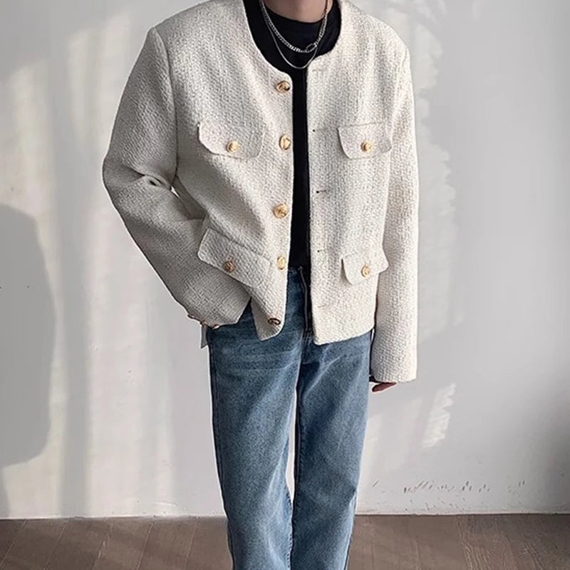 Threebooy Korean Style Fashionable Tweed Round Neck Jacket Men Japanese Trendy High-end Single-breasted Short Jacket with Temperament