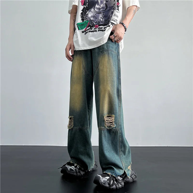 Threebooy Men's Hip Hop Ripped Hole Jeans Korean Handsome Casual Pants High Street Straight Loose Wide Leg Jeans Vintage Blue Baggy Jeans