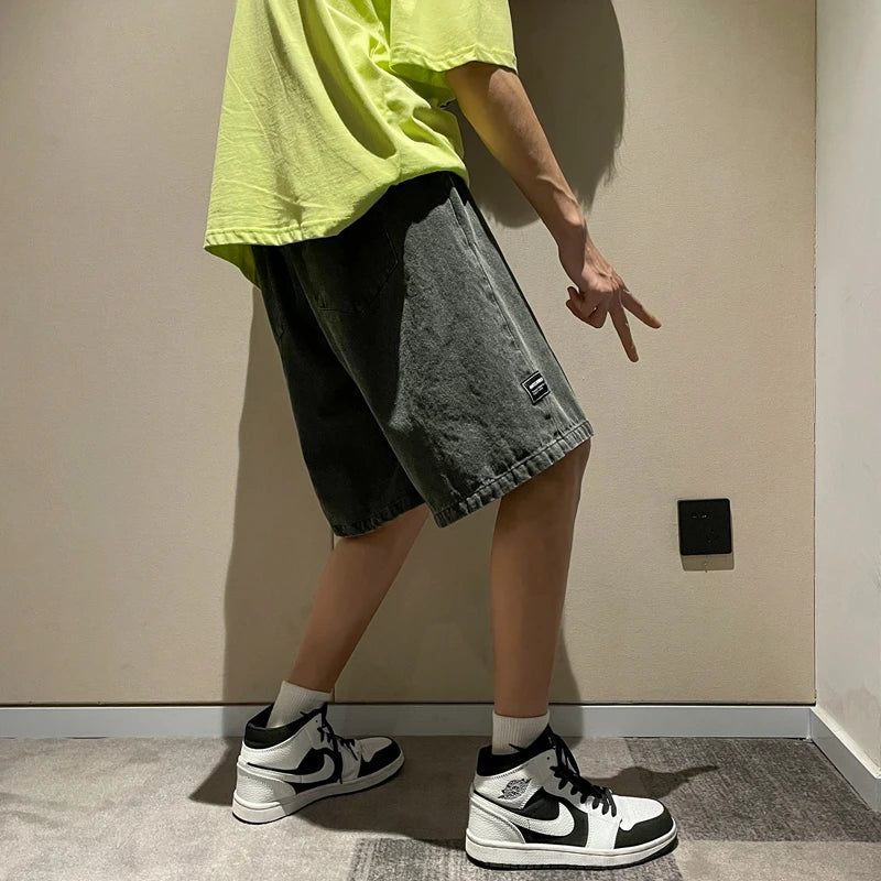 Threebooy  Korean Style Summer Men's Black Wide Leg Denim Shorts 2023 New Fashion Casual Baggy Short Jeans Male Brand Clothes