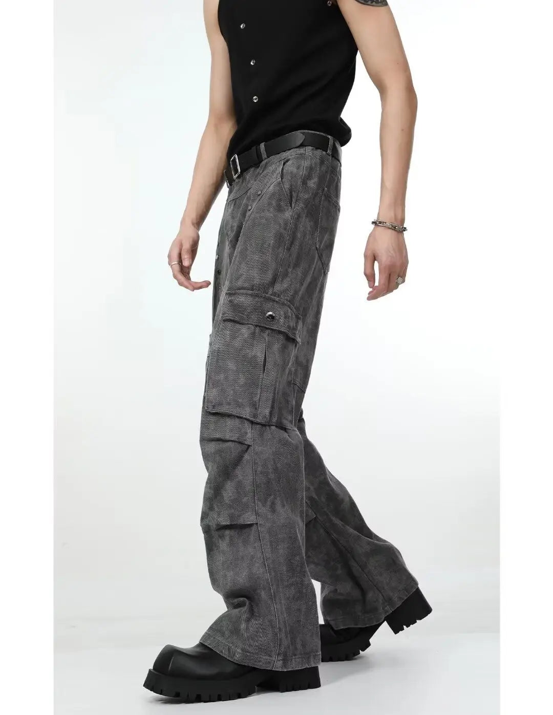 Threebooy American high street hip-hop men and women trendy personality straight leg multi pocket jeans couple loose retro casual pants