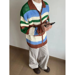 Threebooy  Japanese retro striped hollow color-blocked knitted cardigan jacket men's loose contrasting sweater