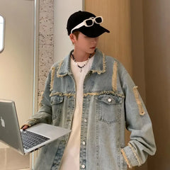 Threebooy  Men's Ripped Denim Jacket Autumn American Retro Washed Hip Hop Streetwear Cool Trendy Loose Casual Jacket Button Up Jeans Coat