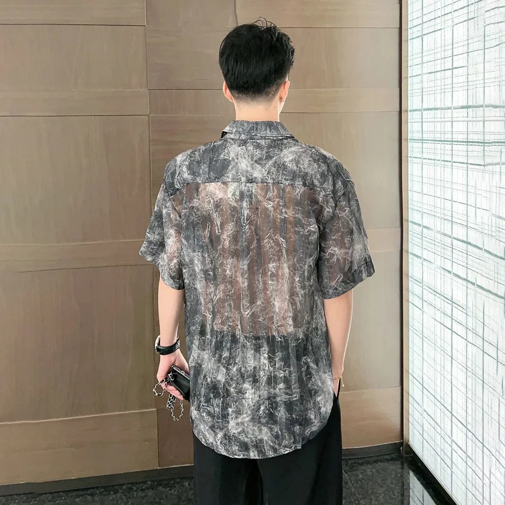 Threebooy 2024 New Summer Loose Hong Kong Style Design Top Handsome Retro Tie-dye Gradient Color Sun Protection Short-sleeved Shirt