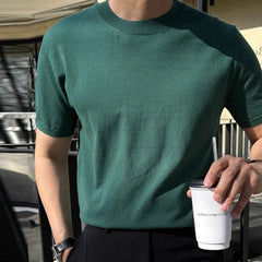 Threebooy New Men Fashion Tops Light Luxury Style Breathable O Neck Knitted T Shirt Casual Fitness Solid Color Short Sleeve Knitwear M-3XL