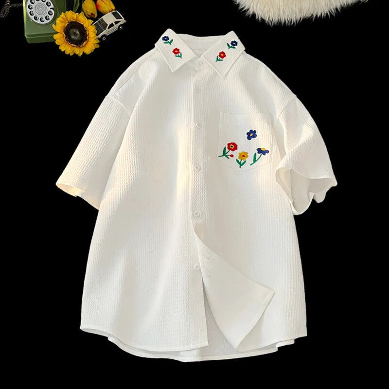 Threebooy  Flower Embroidery Short Sleeve Shirt Harajuku Korean White Black Half Sleeve Casual Shirt Summer Tops