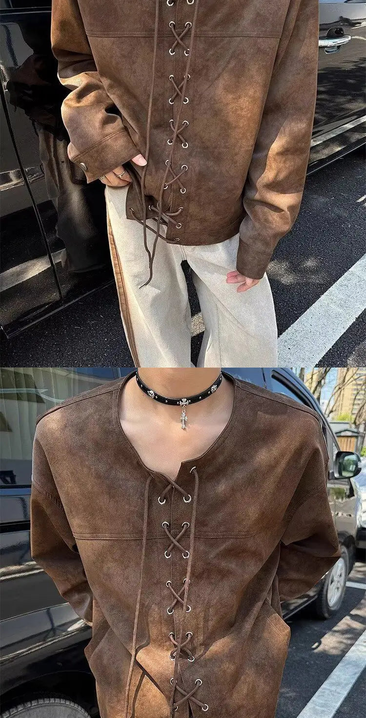 Threebooy Drawstring Double-breasted Shirt Back Fly Design Top American Retro Brown Motorcycle Leather Jacket Women Men's Jacket
