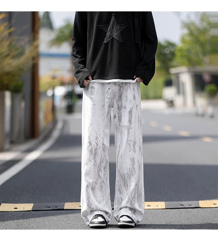 Threebooy Jeans Mens Classic Straight Leg Jeans White Tie Dye Denim Pants Unisex Fashion Casual Trousers Streetwear Hip Hop Style Washed