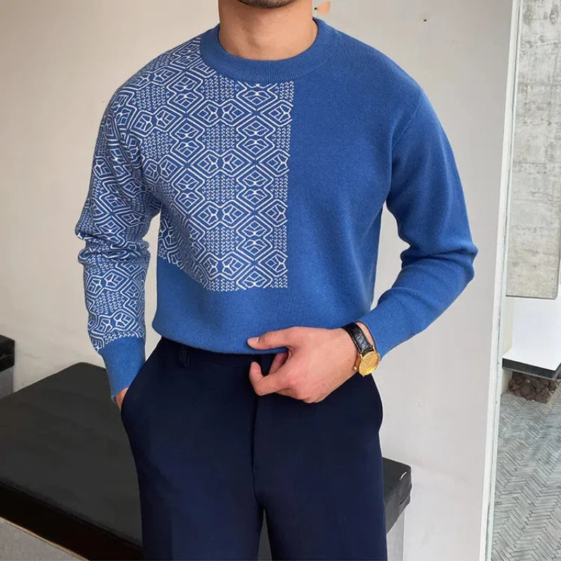 Threebooy  Smart Casual Autumn Winter Sweaters New Men O-Neck Jacquard Weave Warm Trend Fashion Slim Long Sleeve Pullovers Knitted Tops