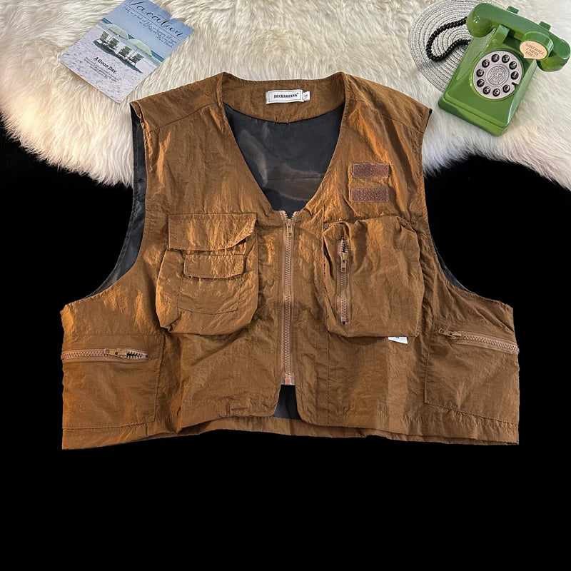 Threebooy  American Outdoor Multi-function Short Vest Jacket Basic Commuting Versatile Vest Cityboy Workwear Waistcoat Aesthetic Urban Chic