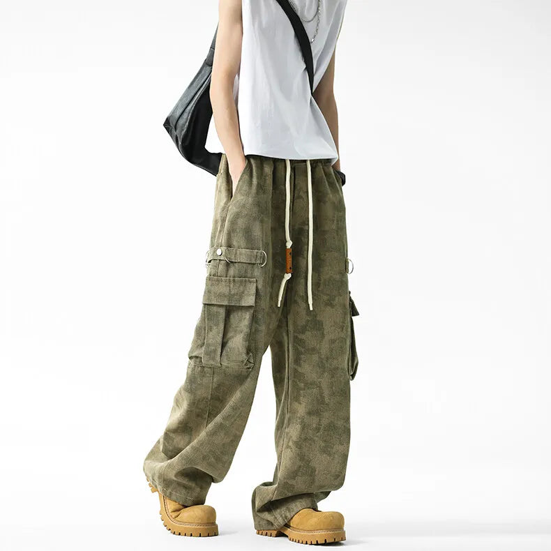 Threebooy Men Military Camo Workwear Cargo Pants Elastic Waistband Drawstring Tactical Joggers Loose Straight Leg Big Side Pockets Outdoor
