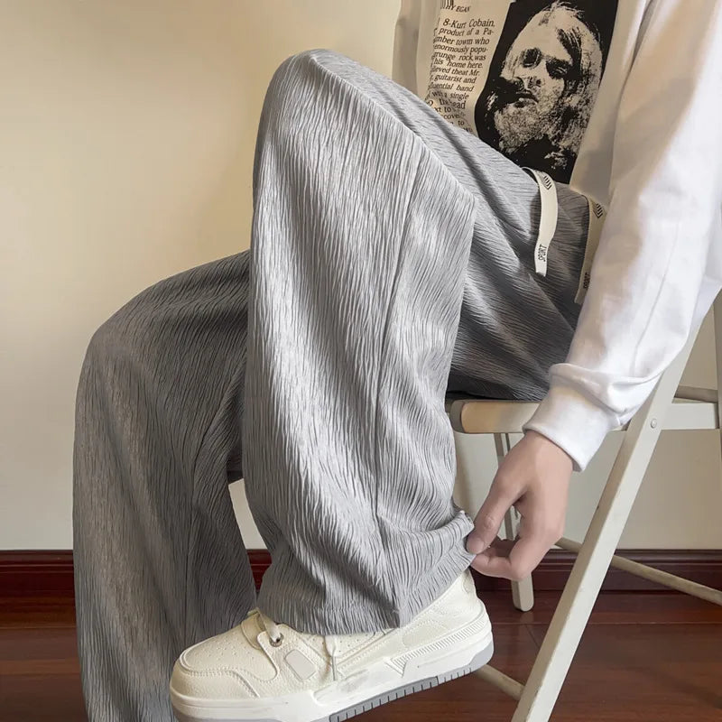 Threebooy  Summer Casual Pants Men Oversized Wide Leg Pants Men Japanese Streetwear Loose Ice Silk Pants Men Pleated Trousers M-3XL
