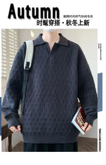 Threebooy Korean Style Men's Polo Sweater Light Luxury Textured V-neck Knit Long Sleeve Pullover Autumn Casaul Trendy Male Clothing M-3XL