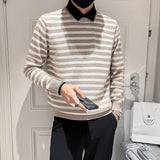 Threebooy  Fake 2 Pieces Shirt Neck Stripe Knitting Sweaters/Male Slim High Quality Casual Pullover/Man Fashion Knit Shirt Size S-4XL