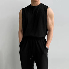 Threebooy 2024 Summer Casual Suit Pleated Sleeveless Tank Tops Trousers Men's Sports Clothing Wrinkled Solid Vest Long Pants Two-Piece Set