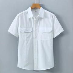 Threebooy  Men's Cotton Short Sleeve Casual Shirt Fashion Double Pocket Single Breasted Summer Beach Shirt Lightweight Breathable Blouse