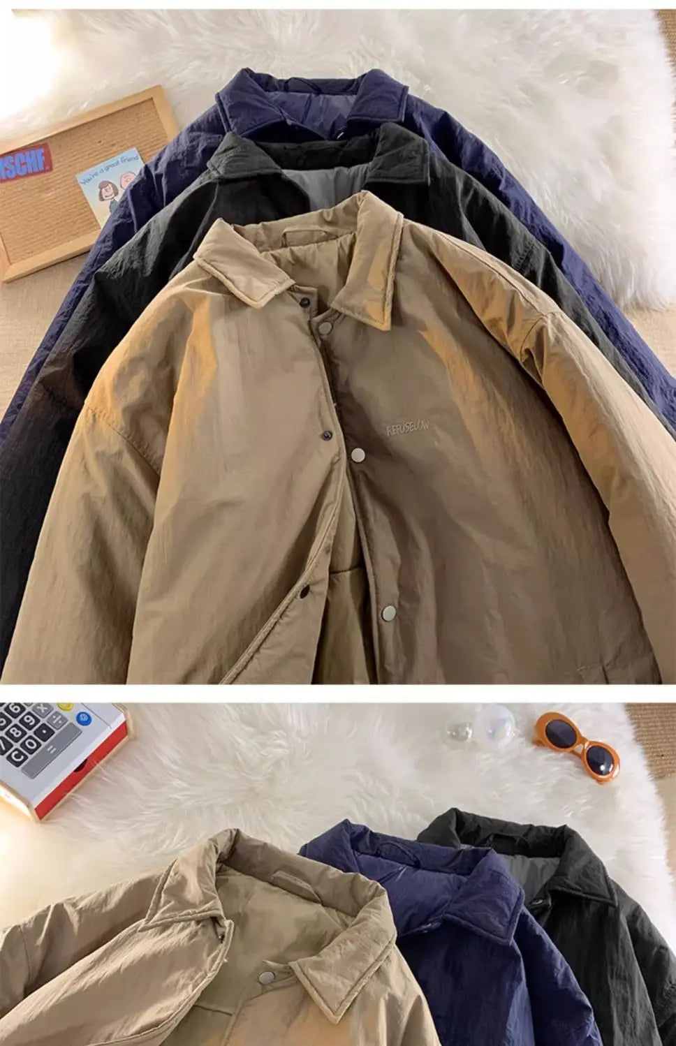Threebooy Thickened Winter Parkas Japanese Large Size Retro Workwear English Letters Padded Coat Loose Lapel Warm Button Up Coat