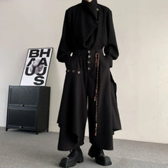Threebooy  Men Culottes Irregular Layered Samurai Pants Hakama Streetwear Fashion Versatile Trend Casual Wide-Leg Pants Men'S Clothing