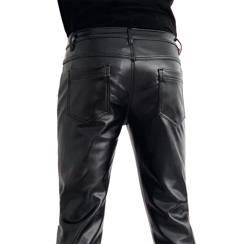 Threebooy New Arrived Skinny Biker Leather Pants Mens New Faux Leather Biker Trousers for Male Trouser Stage Club Wear