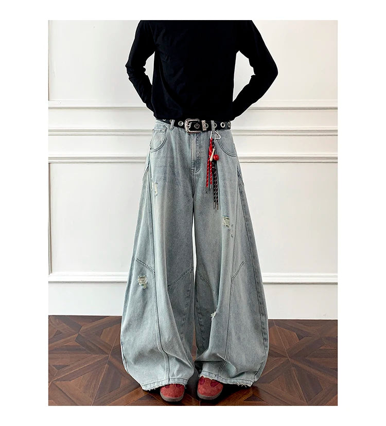Threebooy Loose Fit Jeans Men Baggy Wide Leg Denim Pants Patchwork Ripped Light Blue Wash Hip Hop Streetwear Fashion New 2025 autumn jeans