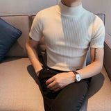 Threebooy Autumn New Short Sleeve Knitted Sweater Men Tops Clothing 2024 All Match Slim Fit Stretch Turtleneck Casual Pull Homme Pullovers