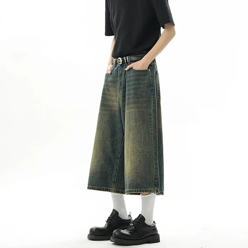 Threebooy  Oversized Baggy Men's Denim Shorts Summer Fashion Retro Casual Loose Wide-leg Calf-length Jeans Harajuku Y2K Streetwear Pants