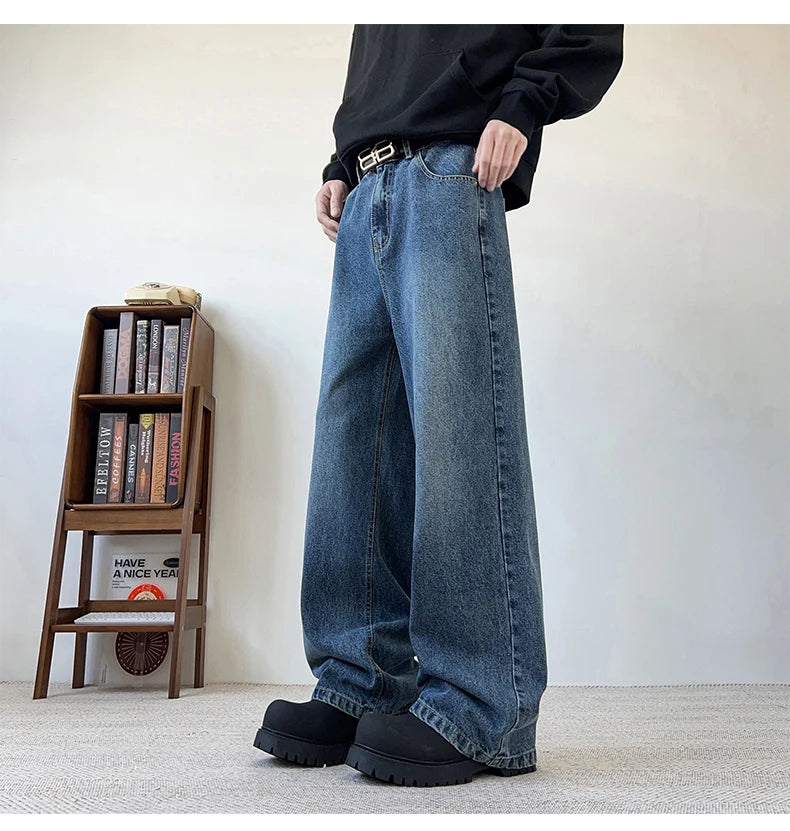 Threebooy Men's Wide Leg Curved-Knife Jeans Summer American Bamboo Pattern Striped Texture Design Men Trendy Denim Pants 2025 Baggy Jeans