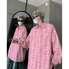 Threebooy Autumn Fashion Men Women Plaid Shirts Oversize Button Up Long Sleeve Tops Korean Loose Casual Outwear Couples Shirt Pink/Blue