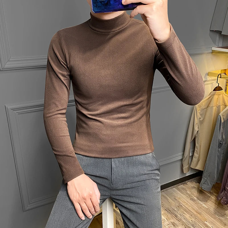 Threebooy Casual Men High Quality Spring and Autumn Solid Color Half A Turtleneck Long Sleeve Slim Base Shirt Men's Double-Faced Pile