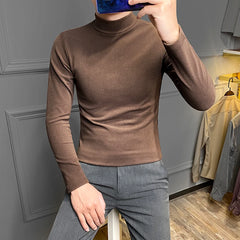 Threebooy Casual Men High Quality Spring and Autumn Solid Color Half A Turtleneck Long Sleeve Slim Base Shirt Men's Double-Faced Pile