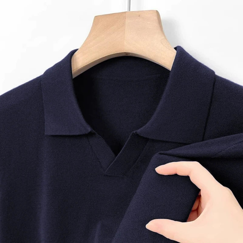 Threebooy American Leisure Men Polo Shirt Luxury V Neck Knitted Solid Color Fitness Pullover Casual Slim Sports Long Sleeve Knitwear M-3XL