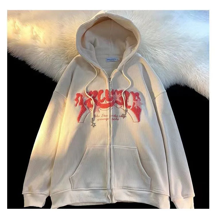 Threebooy Fashion Embroidery Zip Up Hoodies Women Autumn Long Sleeve Tops Loose Hood Shirt Harajuku Y2K Clothes Female Sweatshirt Jacket