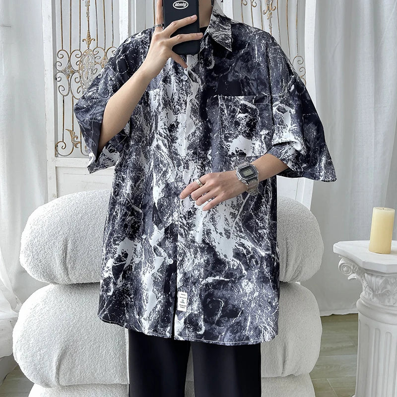 Threebooy Men Hip Hop Harajuku Shirt Painting Graffiti Color Streetwear Loose Short Sleeve Trend Fashion Beach Shirts Casual Button Tops