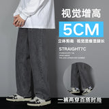 Threebooy New Korean Men's Casual Long Jeans Classic Man Straight Denim Wide-leg Pants Solid Color Light Blue Grey Black 3XL