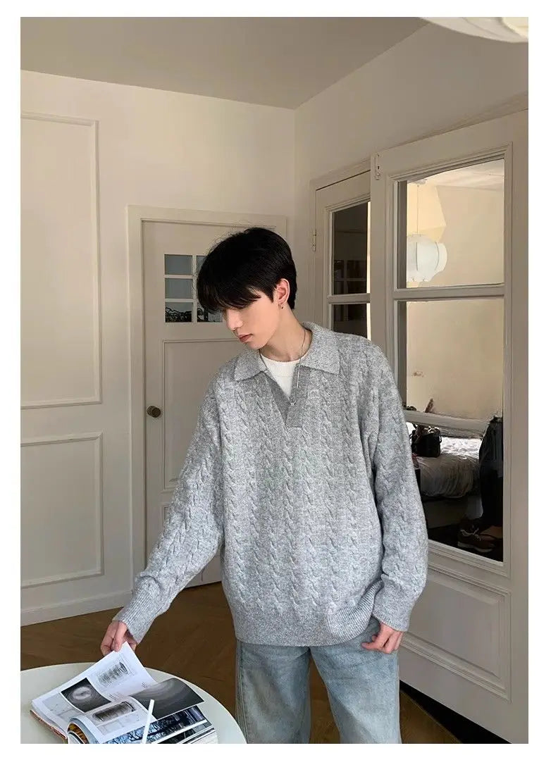 Threebooy Korean style spring and autumn men and women trendy street collar pullover sweater for couples loose retro street casual simple