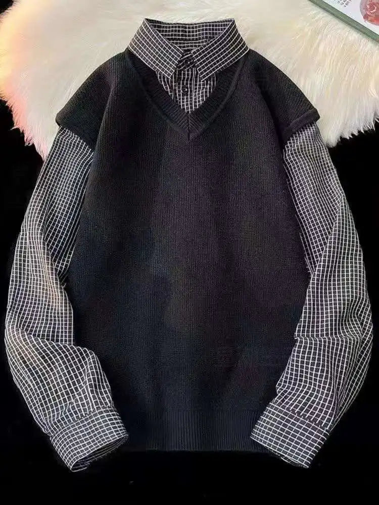 Japanese autumn and winter men and women trendy personalized fake two piece shirt sweater couple loose hip-hop casual top y2k