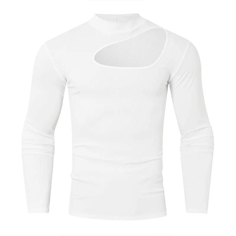 Threebooy  Autumn Clothing Men's Bodysuits Hollow Out Turtleneck Long Sleeve T Shirt Streetwear Sexy Solid Color Ripped Fashion Basic Shirt