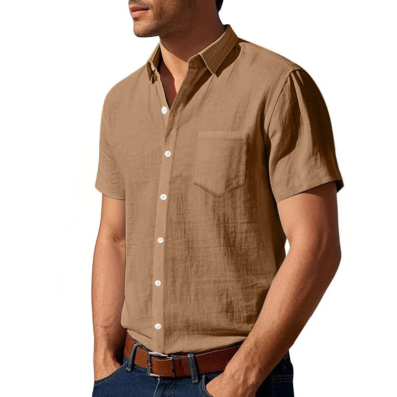 Threebooy Summer Solid Cotton Linen Lapel Short Sleeved Shirt For Men Casual Pocket American Style Shirts And Blouses