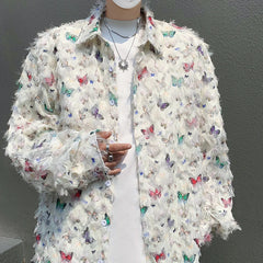Threebooy Summer Thin Shirt Three-dimensional Butterfly Decor Long Sleeve Shirt Tassel Casual Fashion Loose Male Sun-proof Clothing