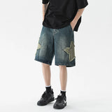 Threebooy American Style High Street Patch Pentagram Embroidered Patchwork Worn Shorts Y2k Hip-hop Blue Denim Shorts