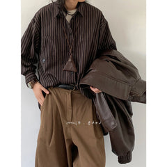 Threebooy Spring Autumn Japan Retro Long-sleeved Striped Shirt Men's Vintage Preppy Top Casual Loose College Boyfriend Style Shirt Jacket