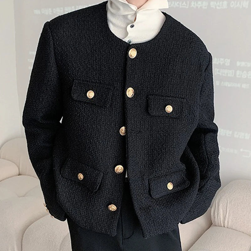 Threebooy Korean Style Fashionable Tweed Round Neck Jacket Men Japanese Trendy High-end Single-breasted Short Jacket with Temperament