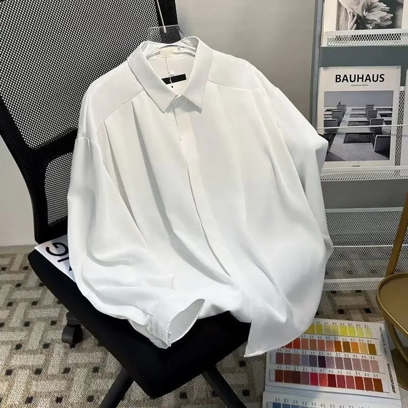 Threebooy Korean High-end Long-sleeved Shirt Men's Solid Color High-end Droop Top Spring and Autumn Loose Handsome Shirt Chic Streetwear