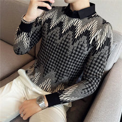 Threebooy  Top Quality Autumn Winter Fake-2Pieces Jacquard Sweater Men Clothing Simple Slim Fit Casual Knitted Pullovers Pull Homme