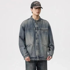 Threebooy Vintage Denim Jacket Men's Loose-Fit High-End Feel American Style Distressed Washing For Autumn Trendy Workwear