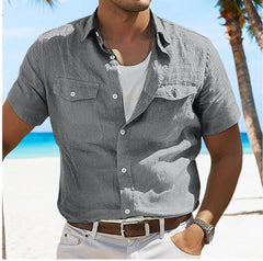 Threebooy  Men's Linen Summer Shirt Beach Solid Color Lapel Spring and Summer Pocket